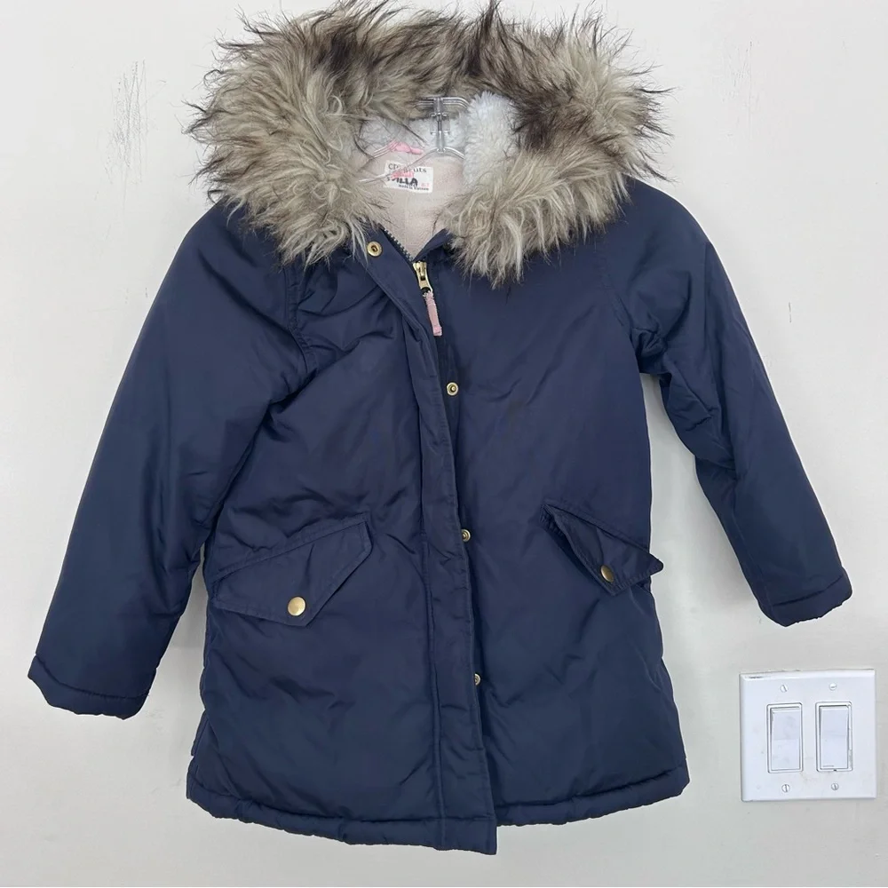 JCrew Crewcuts Boys Navy Fishtail Parka Coat Jacket Fur Size 6-8